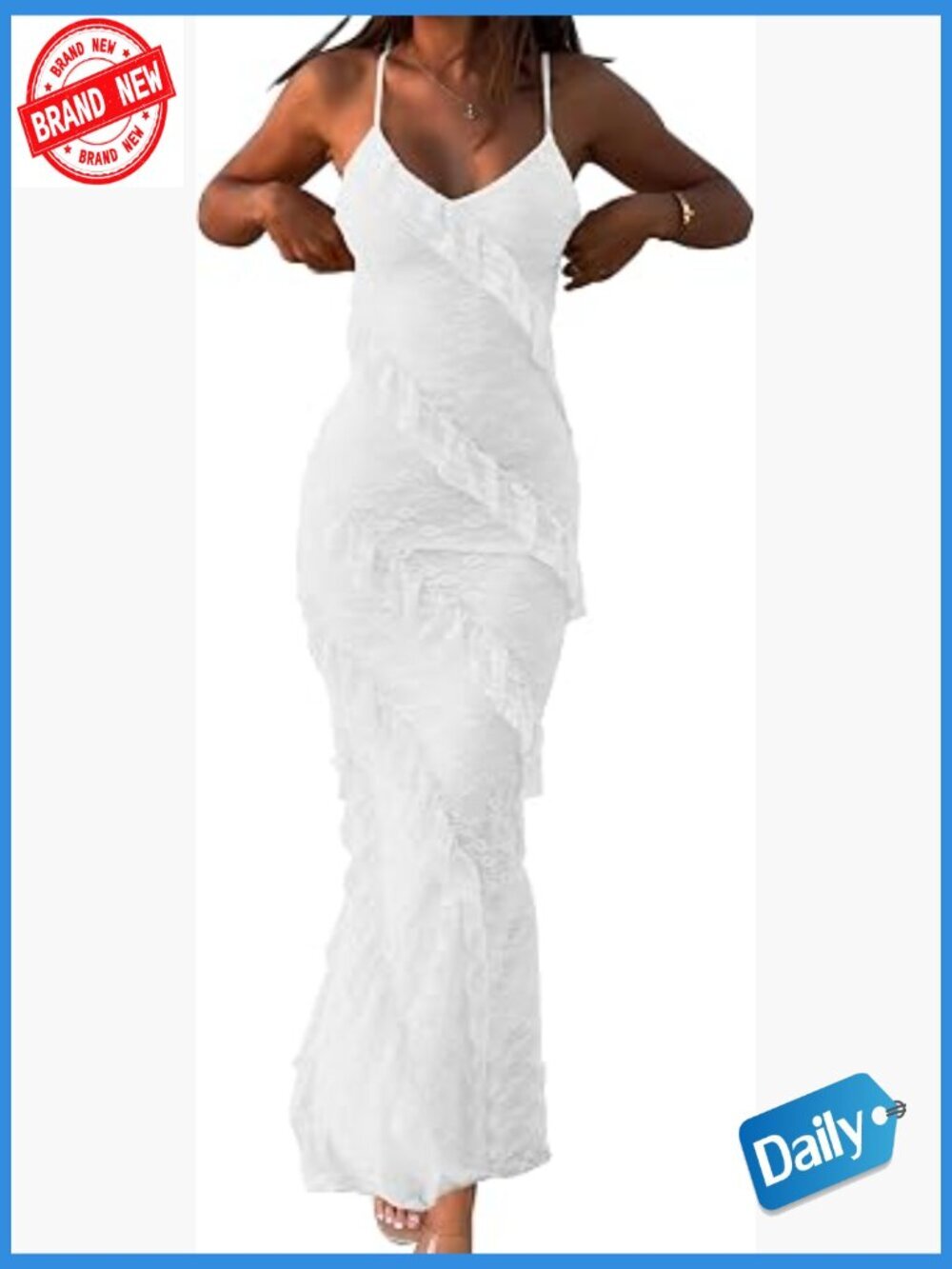 Womens V Neck Lace Bodycon Maxi Dress Spaghetti Strap Ruffle Party